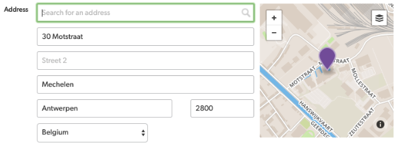 Quick Base toont een kaart met exacte locatie als het adresveld is ingevuld.